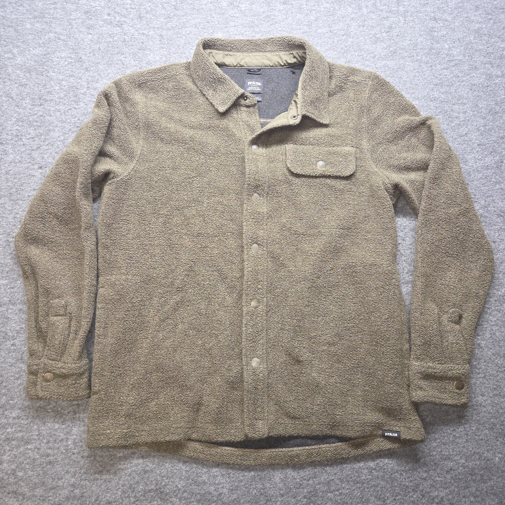 prAna Mens Sweater Jacket Large Green Tri Thermal ThrTan Button-Up Fleece Jacket